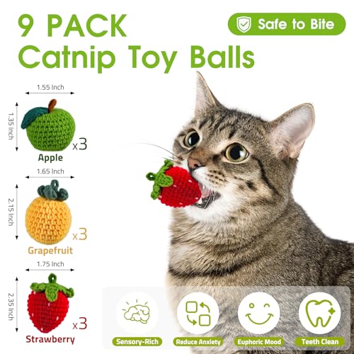9-Pack Catnip Cat Toys Balls, Handmade Yarn Balls with Natural Silvervine Gall Fruit, Interactive Cat Nip Ball Toys for Indoor Kitten Kitty Enrichment & Stress Relief