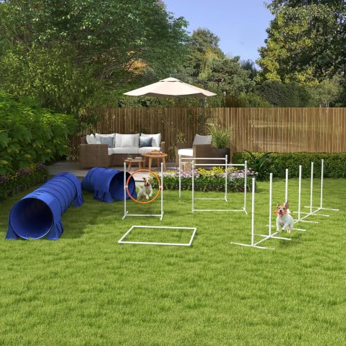 PawHut 7 Piece Dog Agility Training Equipment, Dog Obstacle Course Starter Kit with Tunnels, Weave Poles, Adjustable Hurdles, Jumping Ring, Pause Box, Whistle, Blue