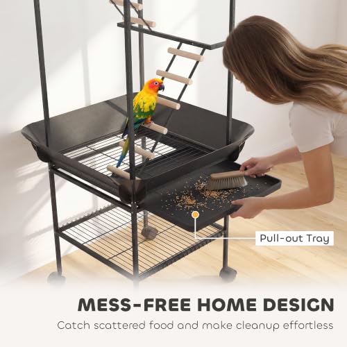 PawHut 64" H Rolling Bird Stand Parrot Playstand with Seed Guard & Wheels