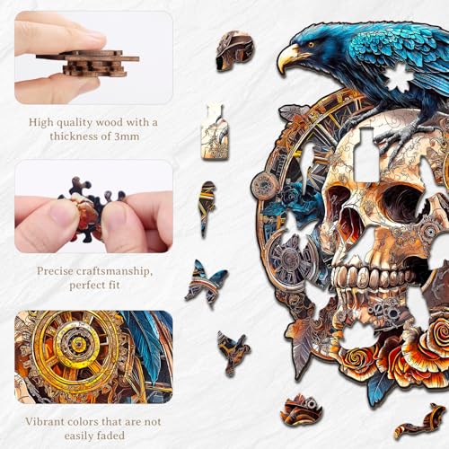 KAAYEE Wooden Puzzles Adults Raven & Mechanical Skull Jigsaw L-13.4*11.9in - color: Raven & Mechanical Skull, size: Large
