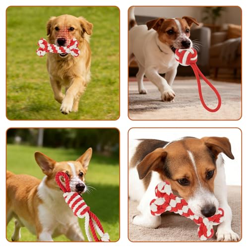 3 Pack Cotton Rope Dog Toy Set, Indestructible Chew Toys for Aggressive Chewers, Puppy Teething Toys with Bone, Human & Rope Dog Ball Designs for Boredom Relief & Tug of War， Red-White - style: Red-White suit（3 pack）