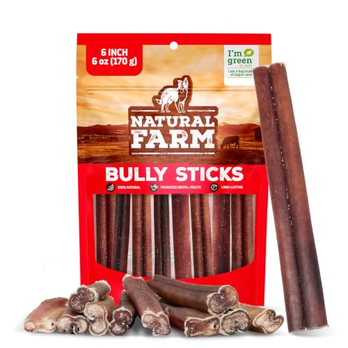 Natural Farm Odor-Free Bully Sticks (6 Inch, 6 Ounces), Packaged by Weight, 100% Beef Chews, Grass-Fed, Fully Digestible Treats to Keep Your Puppies, Small and Medium Dogs Busy - size: 6" Standard - 6 Ounce
