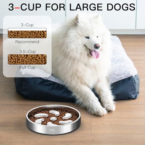 Feedoo Slow Feeder Dog Bowl-3Cups for Large Breeds, Double Wall Food-Grade Stainless Steel, Heavy Duty with Non-Slip Rubber Base, Puzzle Maze Bowl to Slow Down Eating [2Pack] - color: Spiral-2Pack, size: L 3~3.5Cups