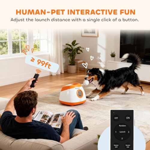 PawHut Automatic Dog Ball Launcher, Rechargeable Dog Ball Thrower with Remote Control, 3 Adjustable Distance (40ft/60ft/80ft), 6 ETPU Tennis Fetch Toys 2.5", Low Noise, for Medium Large Breeds, Orange - color: Orange