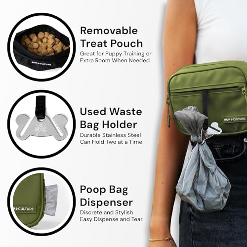 Pup Culture Dog Treat Pouch with Poop Bag Dispenser and Removable Treat Pouch | Cross Body Dog Walking Bag | The Perfect Puppy Training Tool and Even Better Gift - color: Green