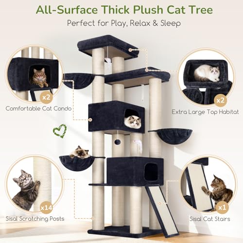 Globlazer 84" Multi-Level Large Cat Tree Tower with Extra Thick Full Sisal Scratching Posts, 2 Cat Condos, 3 Hanging Baskets, 2 Extra Large Platforms & Cat Scratching Ramp,S84, Dark Gray - color: Dark Gray, size: 84 Inch