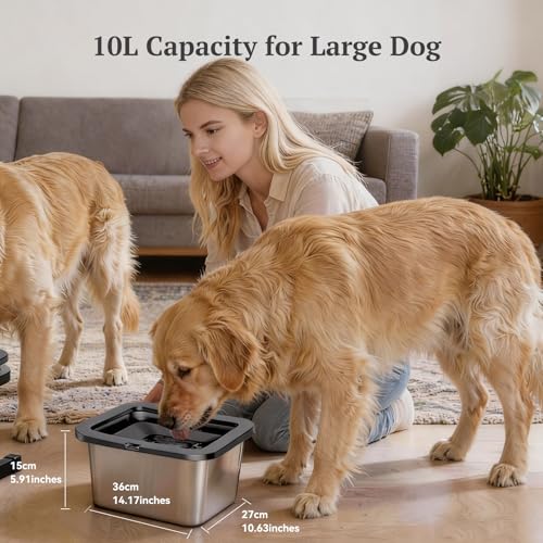 Marchul 10L Stainless Steel No Spill Water Bowl for Dogs, Slow Water Bowl for Large Dogs Anti Slip, No Splash Mess Proof Water Dispenser for Sloppy Drinkers Indoor Outdoor - size: 10L