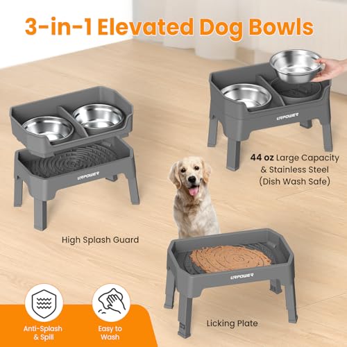 URPOWER Elevated Dog Bowls, 3-in-1 Double Deck Raised Dog Bowl Stand - color: Grey, size: Large