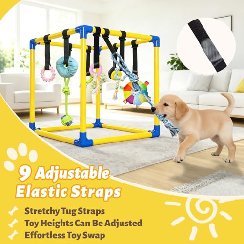 Puppy Play Gym with 9 Hanging Toys for Small Dogs, PVC Frame with Bungee Straps, Interactive Indoor Jungle Playground for Entertainment, Teething and Mental Stimulation（Yellow） - color: Yellow, size: 9 Toys