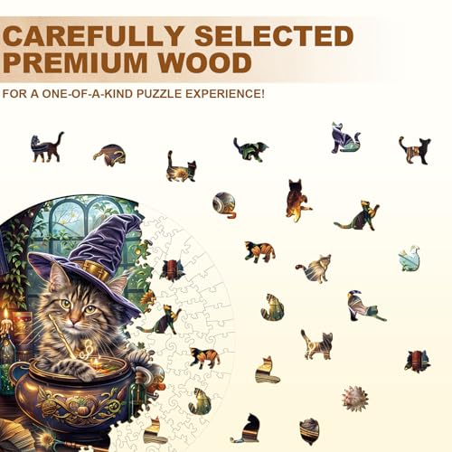 KAAYEE Wooden Puzzles for Adults Magic Feline Cat Jigsaw Puzzle 13.4*13.4in - color: Magic Feline Cat, size: Large
