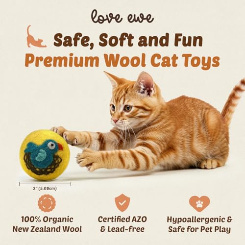Love Ewe Wool Cat Toys Ball 3 Pack, 2-inch Fish and Bird - color: Fish/Bird