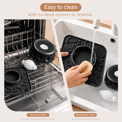 Dog Licking Slow Feeder Bowl with Rolling Ball Anti-Gulping, 2 in 1 Dog Non-Slip Lick Mat, Edible Silicone for Wet Food, Yogurt, Bone Broth, Nutrient Solution Black - color: Black, size: Single