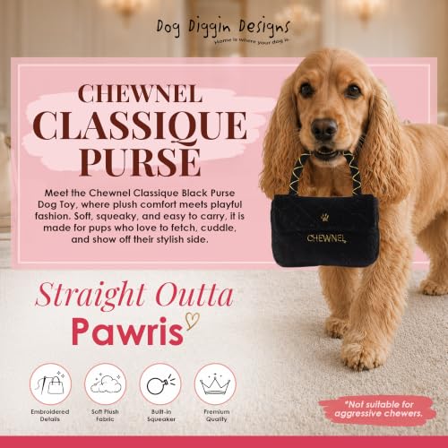 Dog Diggin Designs Chewnel Classique Plush Dog Toy Purse | Luxury-Inspired Parody Designer Handbag with Squeaker, Soft Plush Fashion Dog Toy – Haute Couture Purses & Handbags - color: Black Koko Classique Purse, size: One Size