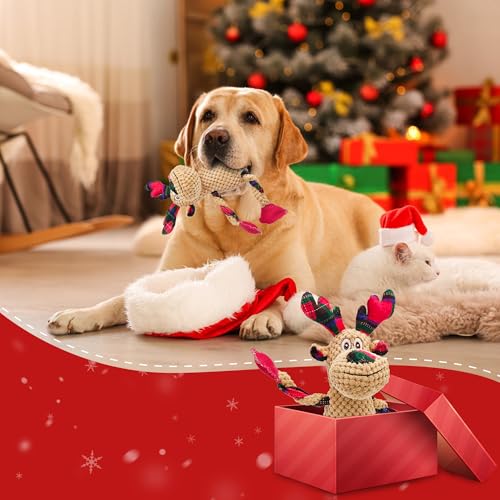 Christmas Squeaky Dog Toys, Stuffed Large Dog Toys to Keep Them Busy, Interactive Plush Chew Toys with Crinkle Paper, Tough Pet Animal Toys for Small Medium Large (Elk) - color: Red A
