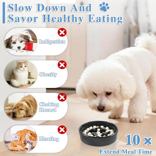 Ceramic Slow Feeder Dog Bowls, 0.6 Cups Dog Food Dish for Small Breed - color: Black-M