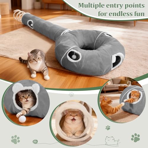 Ownpets 2-in-1 Cat Tunnel Large Lollipop 12" D Collapsible Cave Plush, Grey - color: Grey