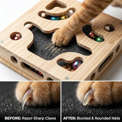 EIODEAR Cat Nail File Scratcher with 5 Sandpaper Pads, 4 Bell Balls, 8 Screw, Solid Wood Cat Scratch Puzzle Enrichment Box Nail Filer Box Toy to File Nails, Cat Treat Box for Treat-Motivated Cats