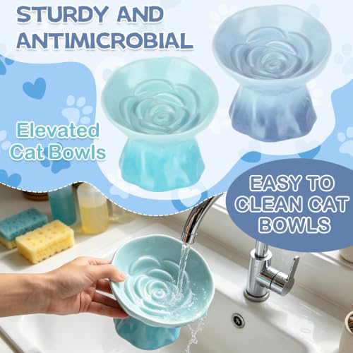 2 Pcs Slow Feeder Cat Bowl, Ceramic Flower Pet Dish, 5.71 Inch Gradient Blue and Teal Cat Slow Feeder Bowl for Dry Meals, Wet Meals and Everyday Feeding - color: Light Blue and Teal