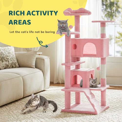 DUMOS 54 Inch Cat Tree Tower with Scratching Posts, Indoor Use - color: Pink, size: 54'' × 20'' × 20''