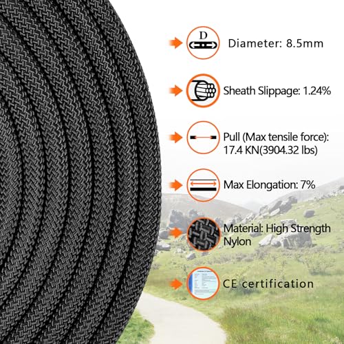 AOLEBA 8.5mm Static Climbing Rope, Outdoor Rock Climbing Ropes, Heavy Duty Rappelling Rope for Fire Rescue, Escape, 10M(32Ft) 20M(64Ft) 30M(96Ft) Ice Climbing Equipment & Parachute Accessories - color: Black, size: 64FT
