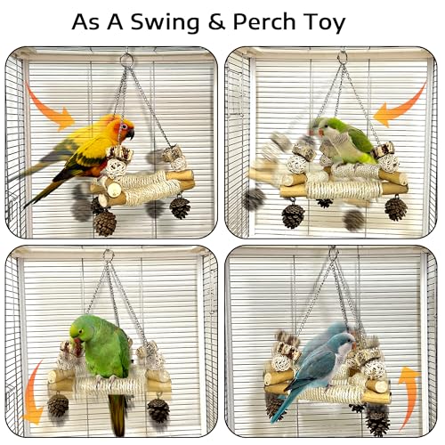 Bird Swing for Cage with Chew Toys, 3 Stable Sisal-Wrapped Perches(L) - size: L