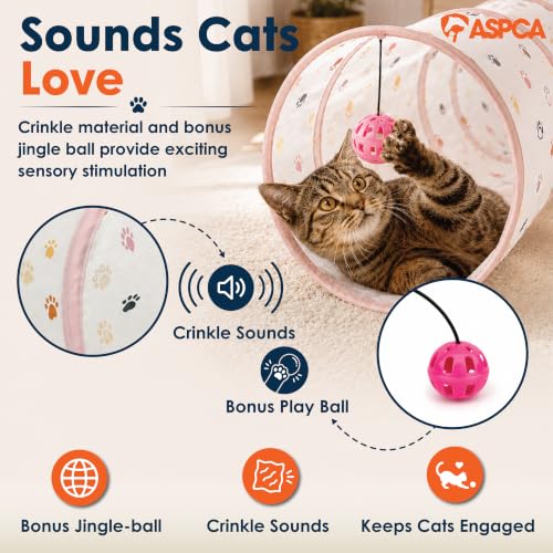 ASPCA Cat Tunnel with Rattle Toy – Interactive Collapsible Cat Tunnel for Indoor Cats, Crinkle Play Tunnel with Hanging Rattle Toy, Encourages Hiding, Chasing, Pouncing & Active Play, Paw Printed - color: Paw Printed