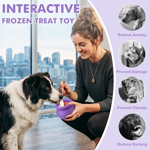 Treat Dispensing Dog Toy, Long-Lasting Interactive Puzzle Toys for Dogs, Stuffable Dog Enrichment Frozen Lick Treat Toy for Boredom, BPA Free Silicone Fetch Catch Chew Toy (Purple,S) - color: Purple, size: S