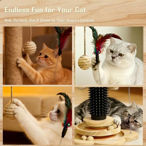Wooden Cat Scratching Post, 4 in 1 Cat Scratcher Kitten Toys - color: 17.7" Post with Brush