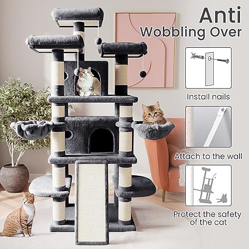 SHA CERLIN 68 Inches Multi-Level Large Cat Tree for Large Kitties/Big Cat Tower with Condo/Cozy Plush ‌Pussycat Perches/Sisal Scratching Posts and Hammocks/Activity Center/Dark Grey - color: Dark Grey, size: 68in