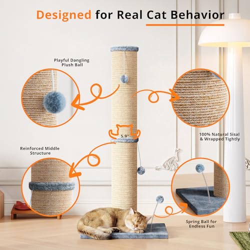 LIKIMIO 41.7" Cat Scratching Post for Large Cats with 6.2" Sisal Pole