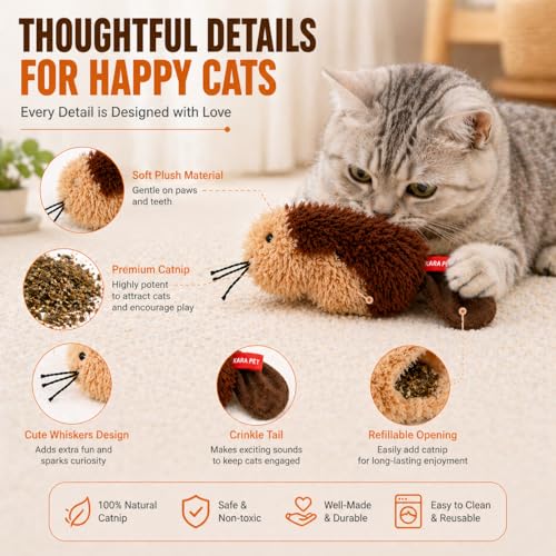 QiQi Refillable Catnip Toy Mouse, Interactive Plush Cat Toy with Catnip Refill, Soft Chew Toy for Indoor Cats & Kittens - color: brown