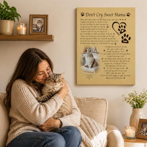 KiKiLuna Personalized Pet Memorial Canvas, Don't Cry Sweet Mama Poem Wall Art, Custom Photo Name Dates, Framed Poster Gift for Dog Mom Cat Mom Loss - color: Design 1