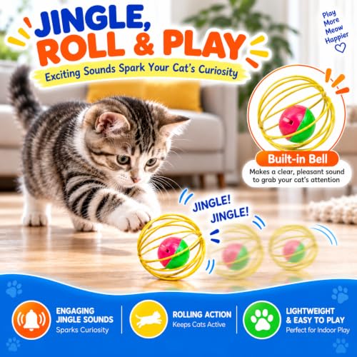 Cat Toys 6 Pack for Indoor Cats & Kittens, Metal Cage Balls with Mice & Bells, Colorful Jingle Bell Ball Toys, Interactive Mouse Toys for Swatting, Chasing & Pouncing