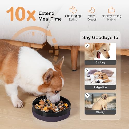 Sted Ceramic Slow Feeder Dog Bowls with Silicone Base - color: Black, size: Medium-8 inches