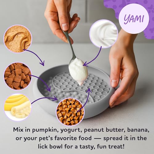 YAMI Dog Lick Bowl, Lick Mat for Dogs, Wet Food Cat Slow Feeder, Freeze Bowl, Enrichment & Puzzle Toy for Anxiety Relief, Food-Grade Silicone, Suction Cups, Dishwasher Fit, for All Breed (Light Gray) - color: Light Gray