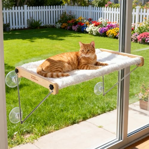 HoneyGuardian Cat Window Prech,Metal Support from Below with 4 Suction Cups, pet Bed, cat Window Hammock for Large Cats and Kittens