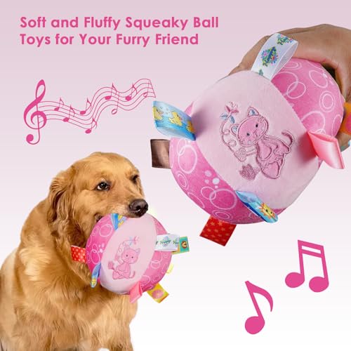 Letalong Dog Squeaky Plush Toy with Straps, 6-Inch Soft Stuffed Ball with Cotton Material and Bell Built-in, Pet Interactive Fetch Toy for Small to Large Dog - color: Pink