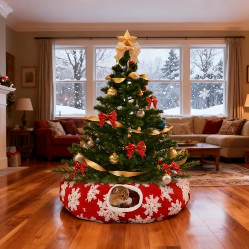 Cat Tunnel Christmas Tree Skirt, Foldable Peekaboo Donut Cave Bed - color: Red