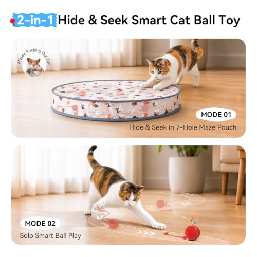Cheerble Interactive Cat Toys 2 in 1, Automatic Moving Cat Ball with Tail & 7 Holes Play Mat, Hide and Seek Mouse Catching Game for Indoor Cats, Motion Activated Rechargeable Chirping Kitten Toys