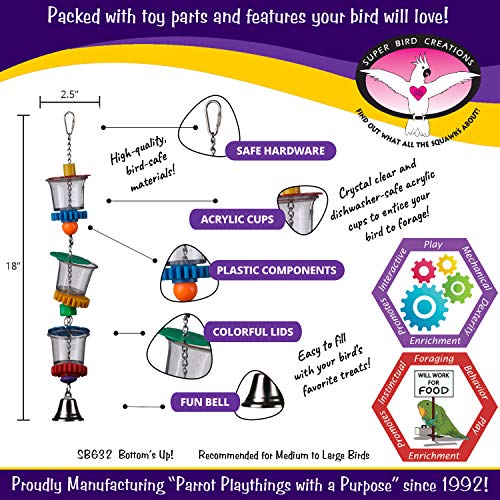 Super Bird Creations SB632 Foraging Bottom’s Up Bird Toy with Clear Acrylic Cups, Medium/Large Bird Size, 18” x 2.5”