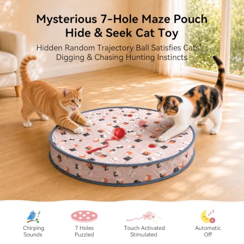 Cheerble Interactive Cat Toys 2 in 1, Automatic Moving Cat Ball with Tail & 7 Holes Play Mat, Hide and Seek Mouse Catching Game for Indoor Cats, Motion Activated Rechargeable Chirping Kitten Toys
