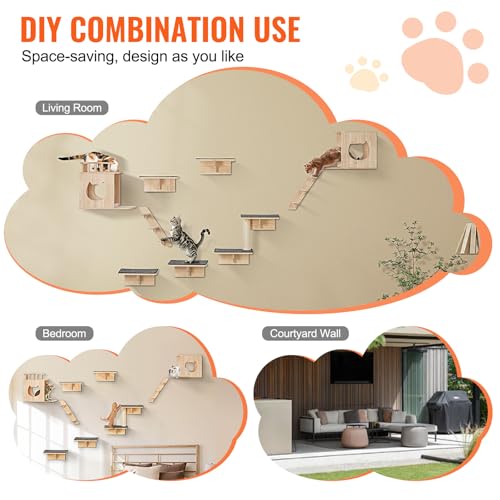 VEVOR Wall Mounted Cat Shelves, Cat Wall Shelves and Perches with Jumping Boards, Cat Beds, Hammocks & Cat Tree, Cat Furniture and Shelves up to 40 lbs for Sleeping, Playing, Climbing, Set of 9 - size: Set of 9, style: Free