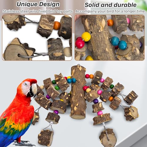 PINVNBY Large Bird Parrot Toys, Natural Wooden Blocks Chew Toy, Durable Cage Bite for African Grey Cockatoo Macaws Cockatiels Eclectus Large Medium Parrots (Small Size, Wire Link) - size: B: Wire Link, Pepper Wood