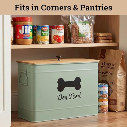 Metal Dog Food Container 15-20 lbs w/ Airtight Bamboo Lid, 70 Cup Capacity - color: Sage Green: Bone