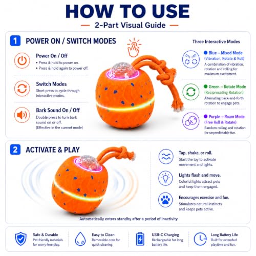 Smart Interactive Dog Ball, Automatic Rolling with LED Glow, E-TPU Dog Ball, Toy for Dog - color: Orange