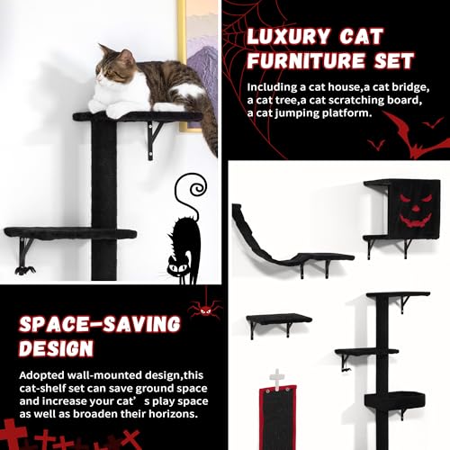 COZIWOW 5Pcs Wall Mount Cat Tree & Shelf Furniture for Cats, Black&Red - color: Red&Black