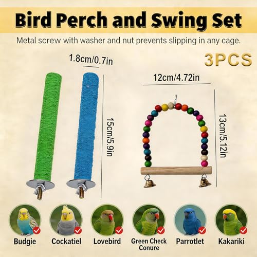 3 Pcs Parakeet Perches Set, 2 Bird Nail Trimming Perches and Colorful Swing