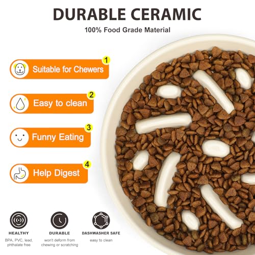 Ceramic Slow Feeder Dog Bowl, 2 Cups Maze Puzzle Dish to Slow Down Eating - color: Maze - White