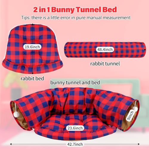 BWOGUE Bunny Tunnel Bed, 2-in-1 Collapsible Rabbit Tunnel Hideout with Mat - color: RedPlaid