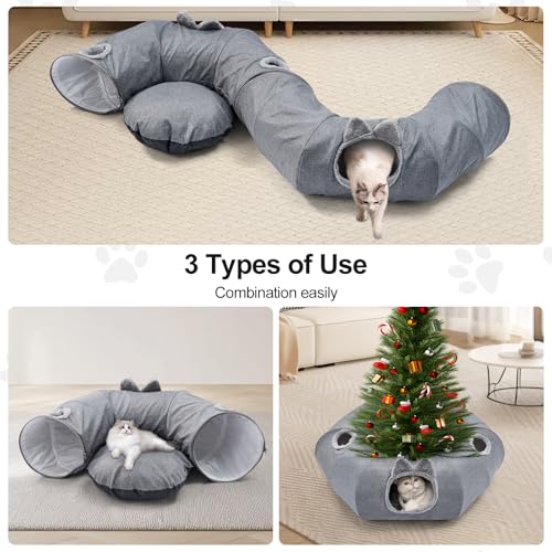 Odoland Linen Cat Tunnels & Central Cat Bed with 9 Interactive Cat Toys - color: Linen Cool Gray